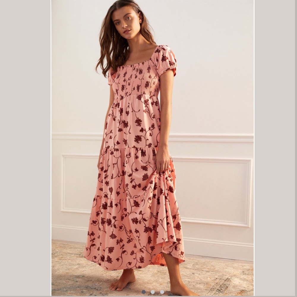 Anthropologie Daily Practice Cotton Smoked Tiered, Puff sleeve Maxi Dress.